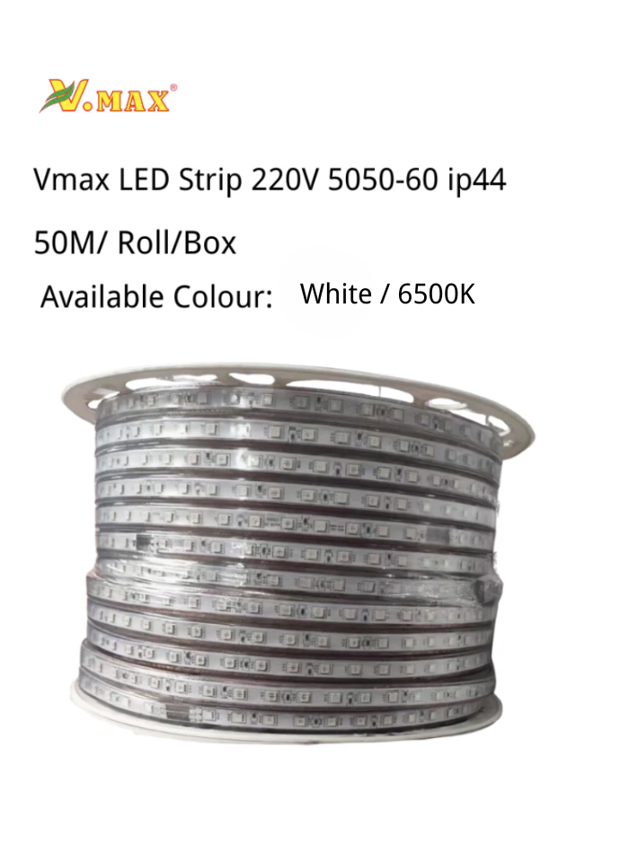 Vmax 220V LED Strip Light, Rope Light, Outdoor Light ,5050-60-IP44, (10MM),50M/Roll , WH