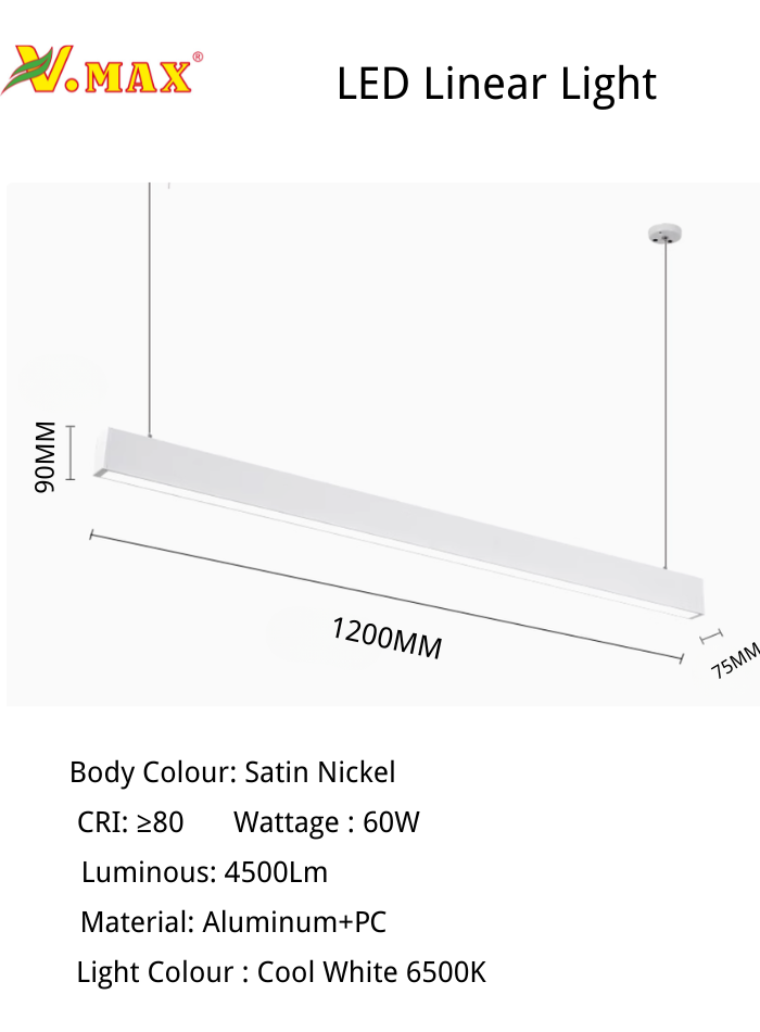 V.MAX 60W LED linear pendant light in satin nickel, perfect for modern offices and showrooms in Kuwait
