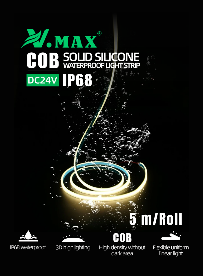 24V COB LED strip light with solid silicone, IP68 waterproof, flicker-free, perfect for indoor and outdoor lighting