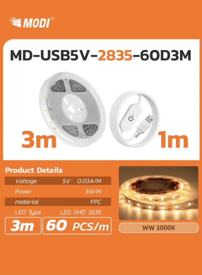 Modi 3M USB 5V 2835 Led Strip Warm White Yellow Color (3000K)