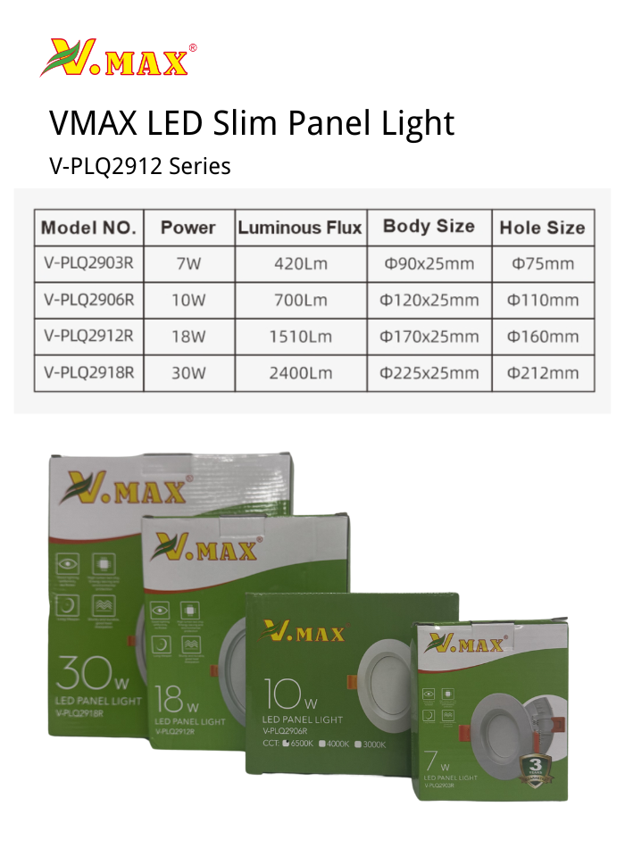 Vmax Slim LED Panel Light V-PLQ2906R 10W, Hole Size:Ф110mm