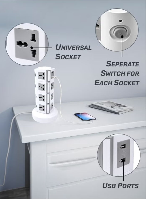 MODI Vertical Power Socket Outlet  with 2 USB Ports