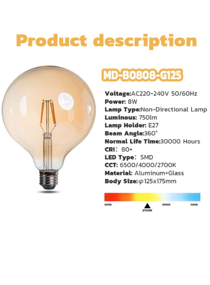 MODI G125 LED Bulb, Globe Light Bulbs,E27 Lamp,Warm Yellow Colour,1 piece