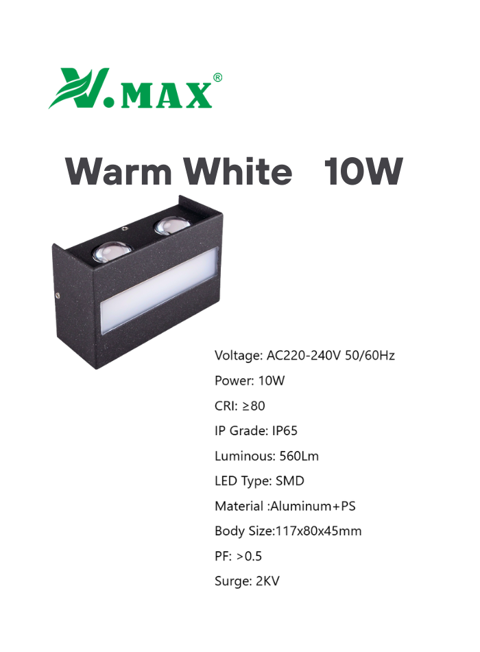 10W aluminum outdoor LED wall light with warm white light for garden, patio, and balcony
