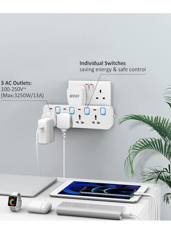 Multi Plug Power Extension Adapter 4 Way Universal Wall Socket UK 3 Pin Socket For Home Office And Kitchen