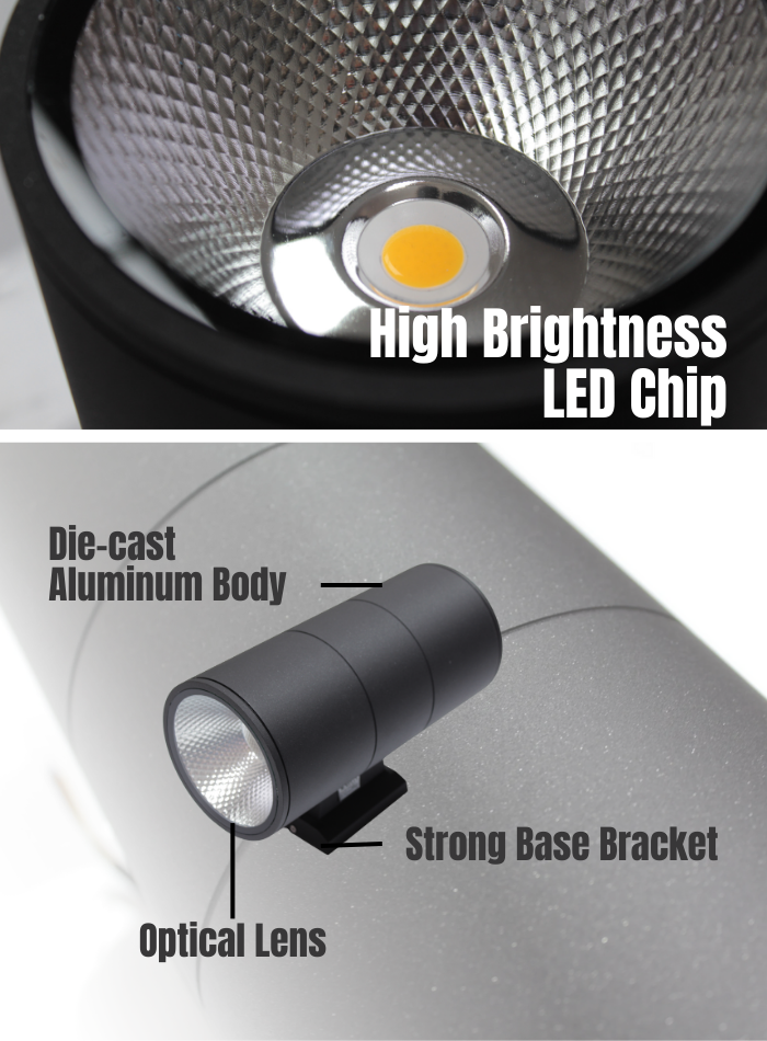Close-up of die-cast aluminum body of outdoor LED wall light, modern frosted finish, sturdy and durable.
